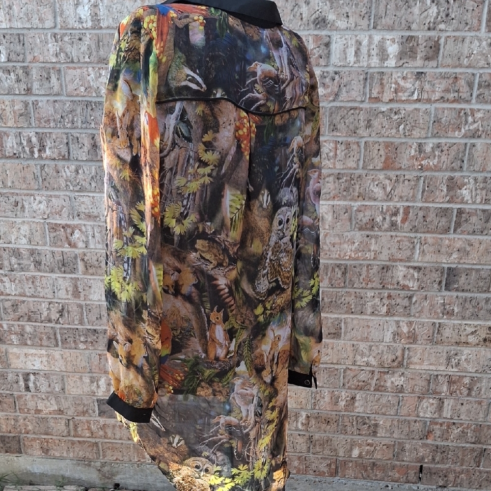 Yumi 6/8 Colorful Forest Gothica Style Print Button-Up Sheer TUNIC Shirt - Picture 2 of 12
